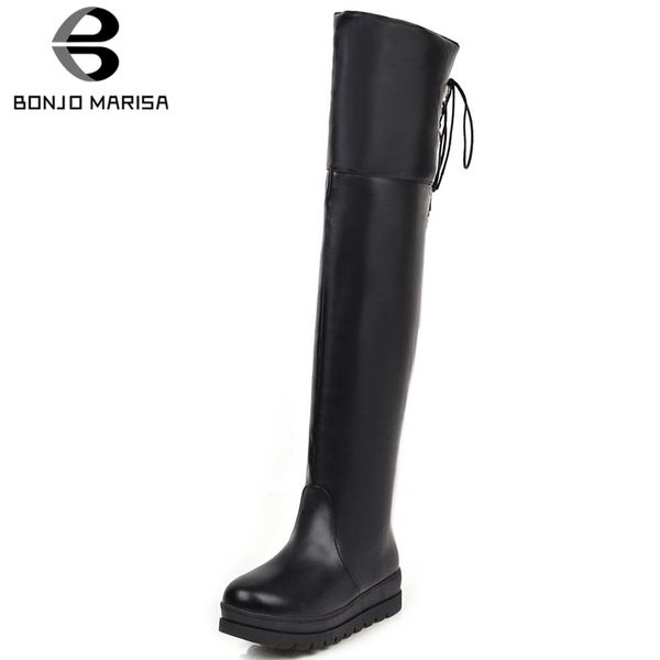 

bonjomarisa new 34-43 elegant lace-up round toe boots ladies platform knee high boots women 2019 casual wedges shoes woman, Black