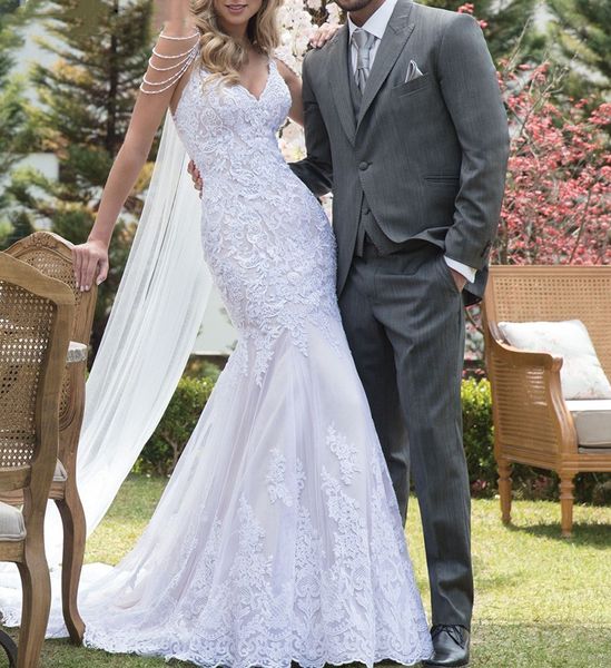 

elegant full lace spaghetti wedding dresses v neck mermaid bridal gowns applique sweep train satin wedding dress, White