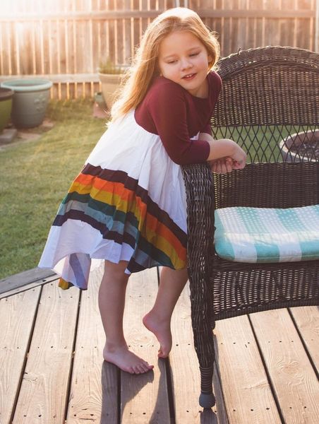 

children girl contrast color rainbow dress comfort soft long-sleeves personality printing princess cotton clothes girl's dresses