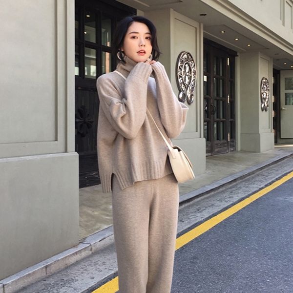 

spring autumn knitted tracksuit turtleneck sweatshirts women suit clothing 2 piece set knit ankle length pant female pants suit d226, White