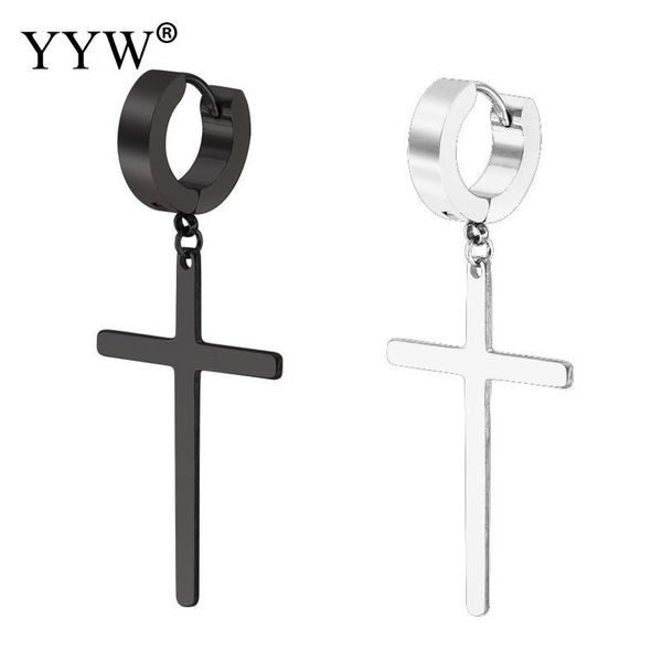 

yyw new punk fashion women male prayer black original 316 stainless steel huggie loop cross charm drop dangle earrings, Silver