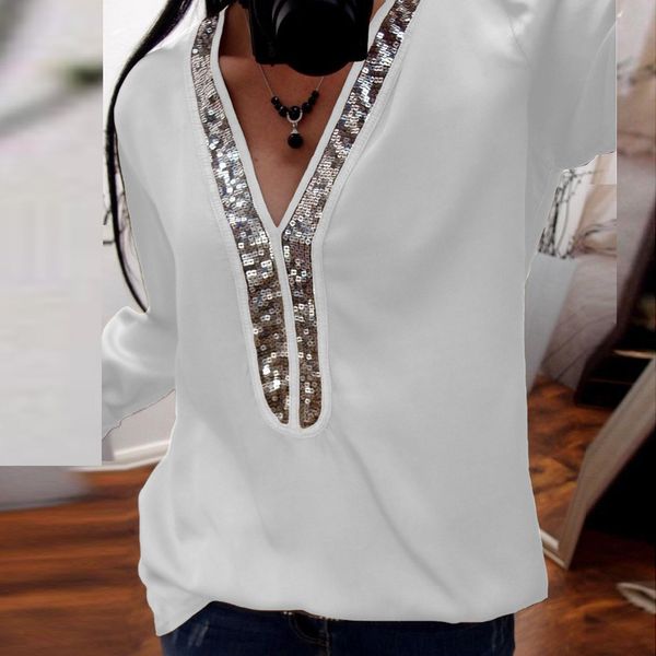 

fashion womens casual sequins blouses summer ladies long sleeve v-neck loose white blouse blusas mujer de moda 2019