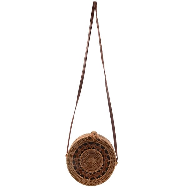 

handwoven thick classic round rattan grass bag brown