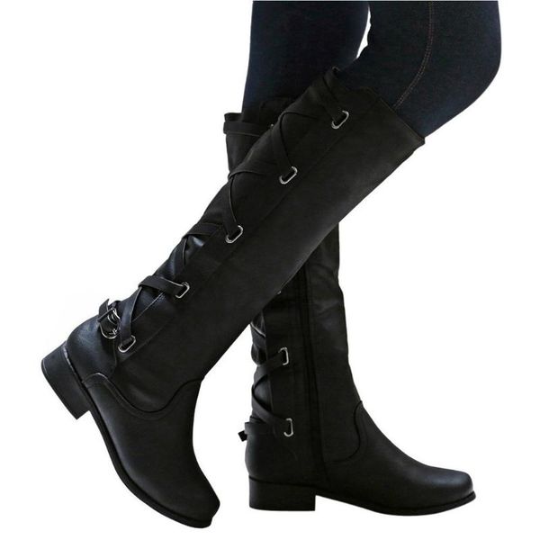 

women's boots winter cross strap snow knee flat round toe zipper high bootie cowboy warm cowboy shoes in stock#20, Black