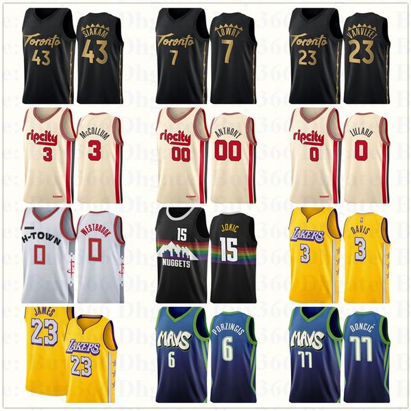 

2020 city 7 lowry 43 siakam 13 harden 0 westbrook 23 james 3 davis 11 irving 7 durant 77 doncic 0 lillard basketball jersey, Blue;black