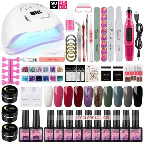 

coscelia 90/54/36w uv lamp with 10 colors nail gel polish set with electric nail drill art sets tools for manicure set