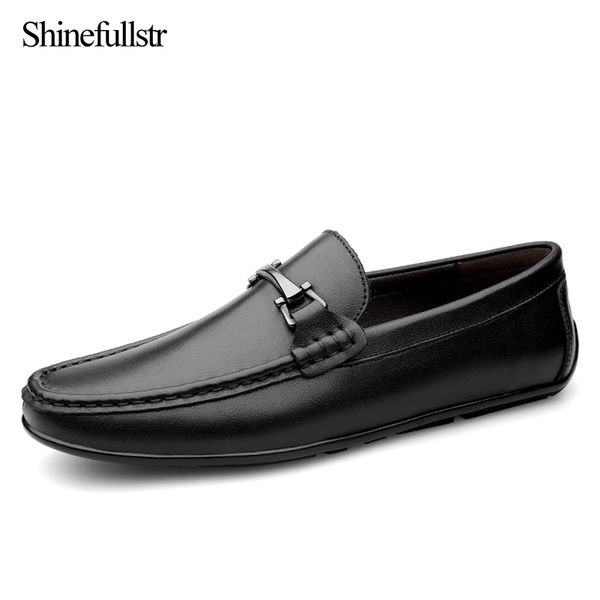 

fashion men leather shoes genuine slip on loafers luxury chaussure homme 2019 mens comfortable casual driving man mocassin cuir, Black