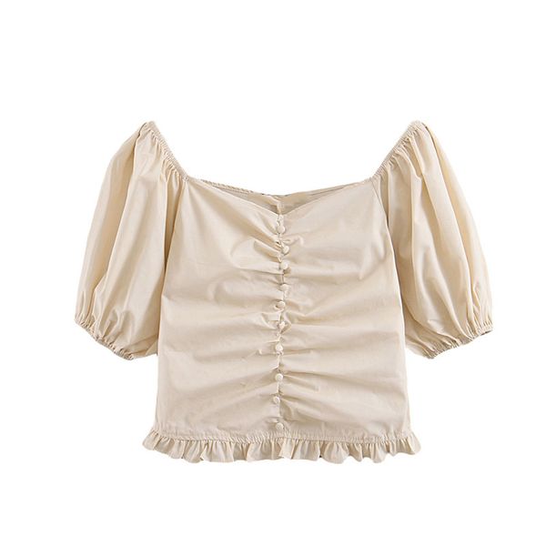 

court wind square lead hubble-bubble sleeve short shirt woman xiaxiaozhong design jacket western style light ripe cotton shirt, White