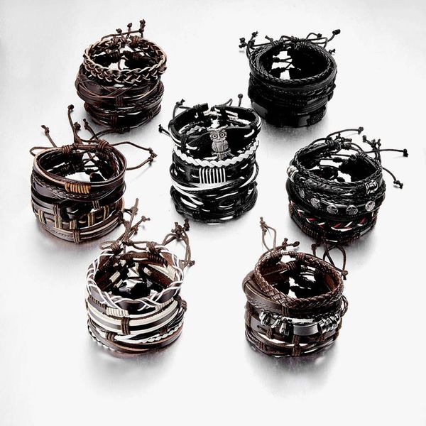 

men bracelets vintage multilayer leather braid bracelets bangles star leaf owl handmade rope wrap gift jewlery, Golden;silver