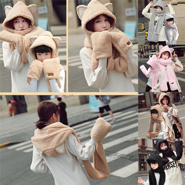 Plush Cartoon Animal Winter Hooded Hat Beanie Cap Long Scarf