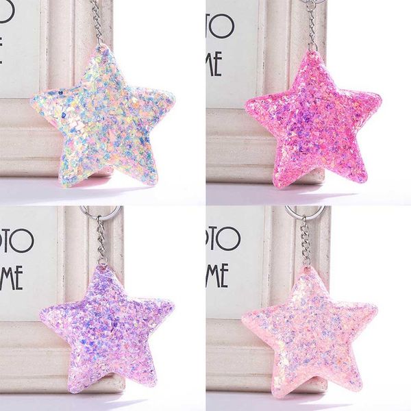 

new cute five star keychain glitter sequins key chain gifts for women car bag accessories key ring, Silver