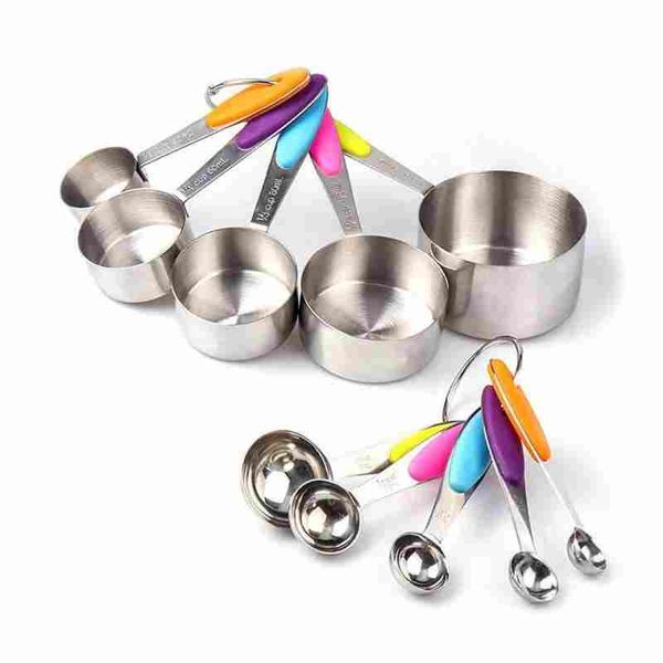 

10pcs/set measuring cups spoons set measuring set sturdy stainless steel stackable with soft silicone handles baking kitchen tools