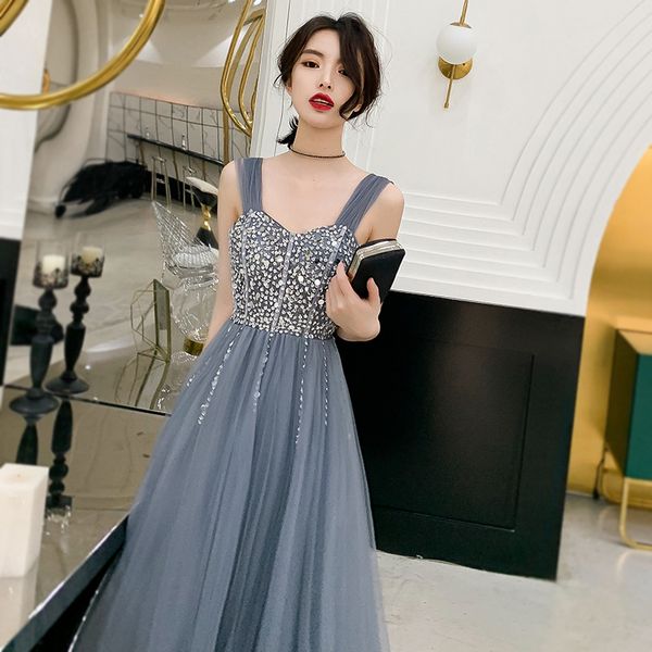 

evening dress 2019 new summer long style banquet dresses spaghetti strap beading sequins formal dress a-line floor length, White;black