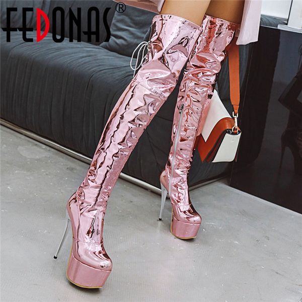 

fedonas warm winter autumn motorcycle boots women high heels over the knee high boots night club platforms long shoes woman, Black