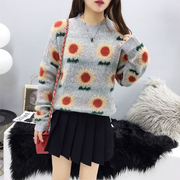 

new winter korean casual sunflower pattern long sleeve chic autumn women loose thicken knitted pullover sweater, White;black