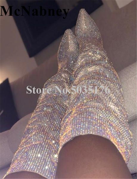 

european bling pointed toe stiletto heel over knee pleated rhinestone long boots high heel slip-on spring/autumn women shoes, Black