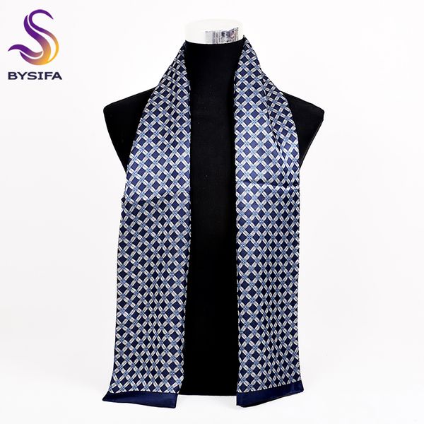 

bysifa] fashion men silk scarf muffler winter navy blue plaid business neck scarf 100% silk male long scarves cravat 160*26cm, Blue;gray