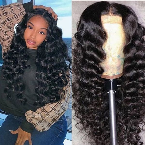 

180% density lace frontal chemical fiber hair wig ladies middle texture long curly hair natural black small volume wave volume wig set, Black;brown