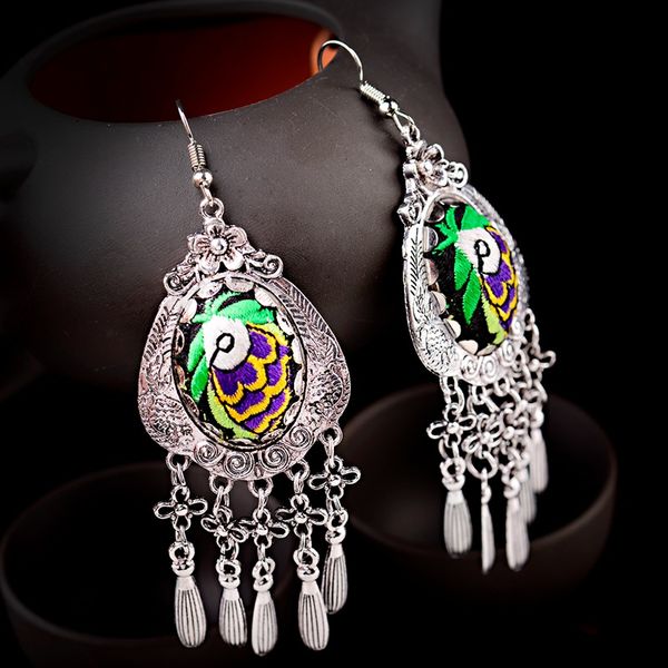 

douvei women's water drop jhumka vintage earrings 2019 flower embroidery silver alloy tassel earrings tibetan jewelry el006