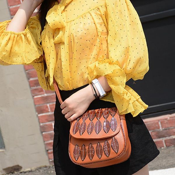 

women pu leather leaves embroidery messenger shoulder crossbody bag(brown