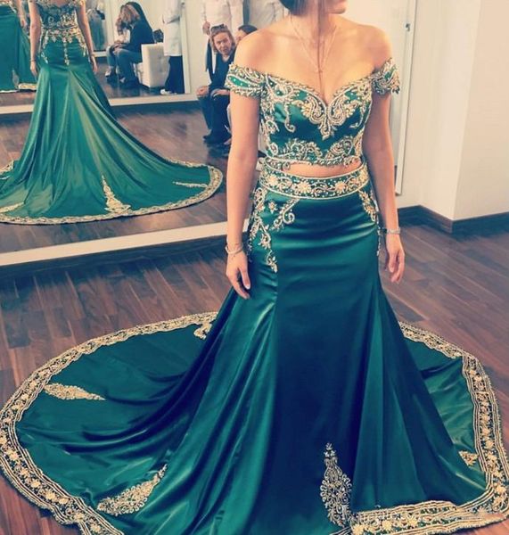 2021 Elegante esmeralda verde sereia vestidos de baile fora do ombro lace apliques pérolas cristais frisados ​​indiano árabe kaftan longos vestido de noite de noite
