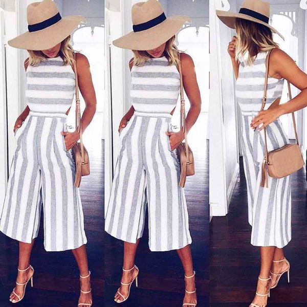 

women jumpsuits sleeveless polyester womens striped jumpsuit casual loose trousers fashionable leotard catsuit combinaison wide leg pants, Black;white
