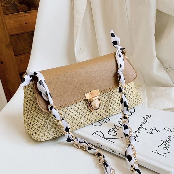 

2020 women straw small shoulder bag woven rattan handbag splicing pu leather underarm bag female silk scarf casual baguette
