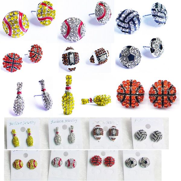 

sports basketball volleyball stud earrings bling bowls baseball softball stud earrings rhinestone crystal bling sports girls, Golden;silver