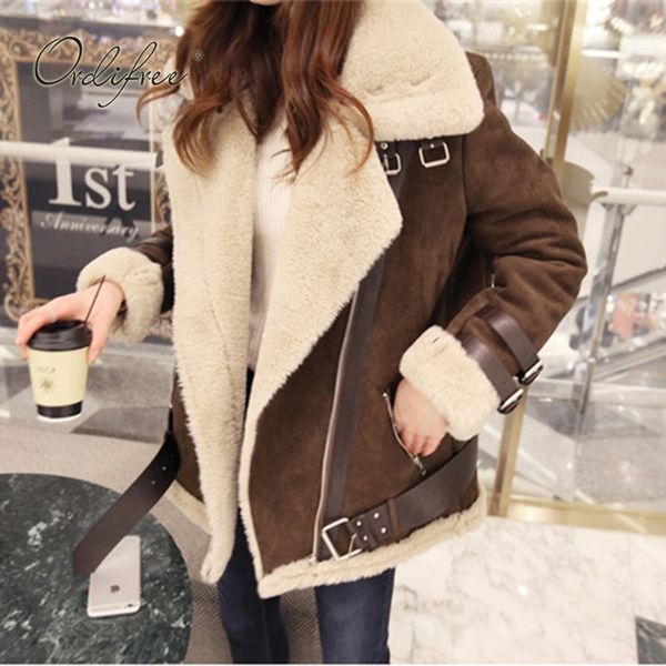 

ordi2019 autumn winter women leather fur coat warm thick fashion outwear army green faux suede jacket, Black