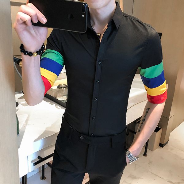 

black white blouse camisa masculina 2020 korean designer men shirt half sleeve slim fit business dress shirts streetwear social, White;black