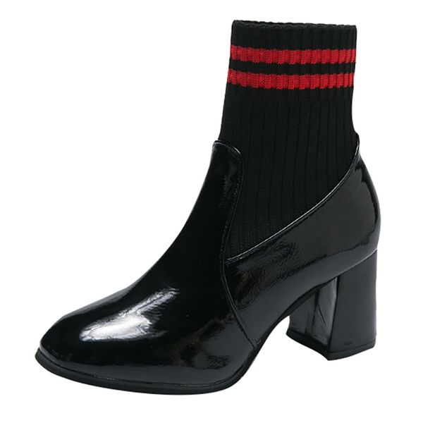 

high heels boots pointed toe mixed colors square heels women party booties chunky heel ankle boots, Black