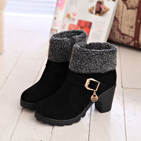 

new 2018 winter high heel boots warm plush square heels winter shoes women's boots ladies fashion brand ankle snow, Black