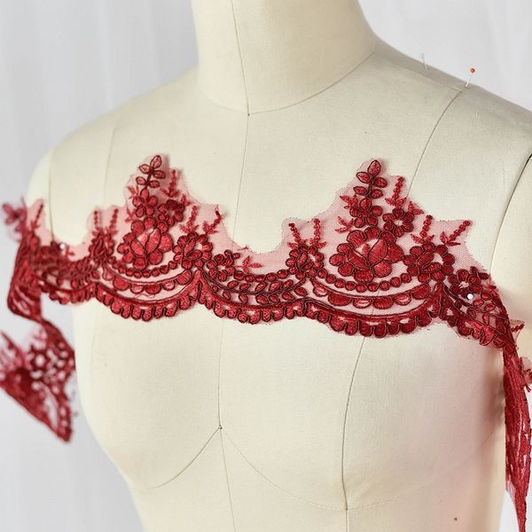 

продажа по ярда белый 11 см широкий французский фату вышивки кружево ткань обрезка свадебное платье ресницы кружева с блестками lt10, Black;red