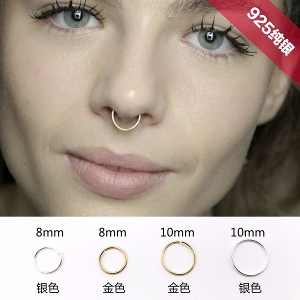 

2019 new arrival 925 silver jewelry fake piercing stud thin small nose ring cz women hoop fashion trendy, Slivery;golden