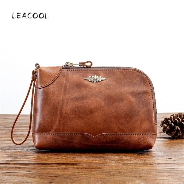 

vintage genuine leather handbag men's soft leather retro casual long wallet men's first layer zipper wallet phone bag, Red;black