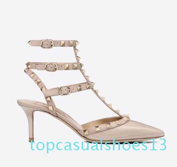 

designer pointed toe studs patent leather rivets sandals women studded strappy dress shoes valentine 10cm 6cm high heel shoes 21 t13, Black