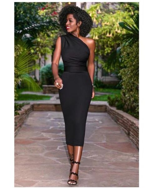 

women one shoulder dress womens ol dress elegant bodycon bandage party knee length dresses plus size vestido, Black;gray