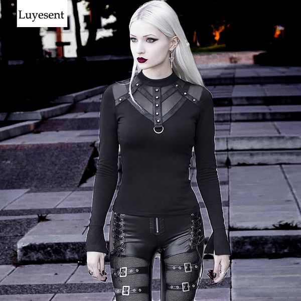 

black dark punk woman t-shirts 2020 summer lady transparent rivet mesh splicing flare sleeve t-shirt gothic chic basic tees top, White
