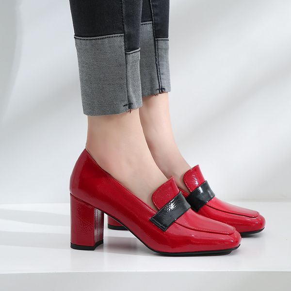 

2020 vintae british style stable women block hih heel shoes slip on sprin ladies chunky heels pumps black bi size