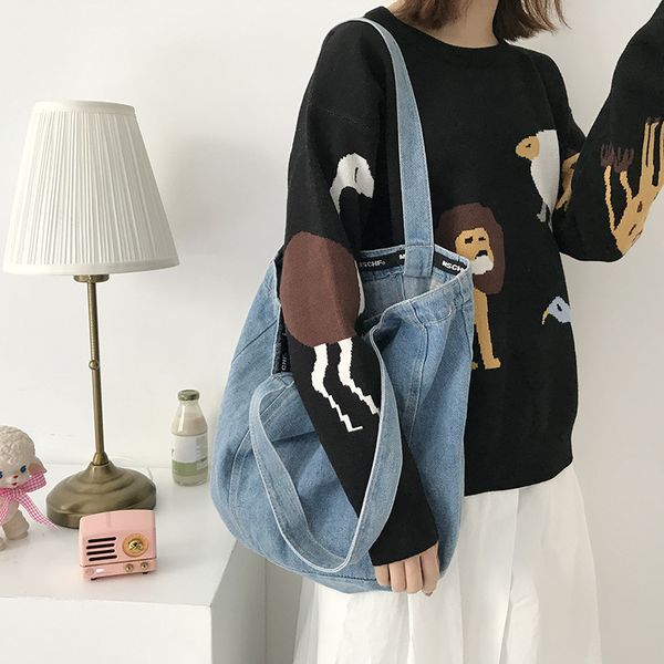 

new design women denim shoulder bag female cotton canvas fabric handbag female shopping bag school books ladies' casual tote