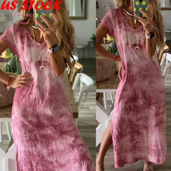 

2020 women vintage halo dyeing long maxi dress short sleeve v neck cotton casual loose split maxi dress, Black;gray