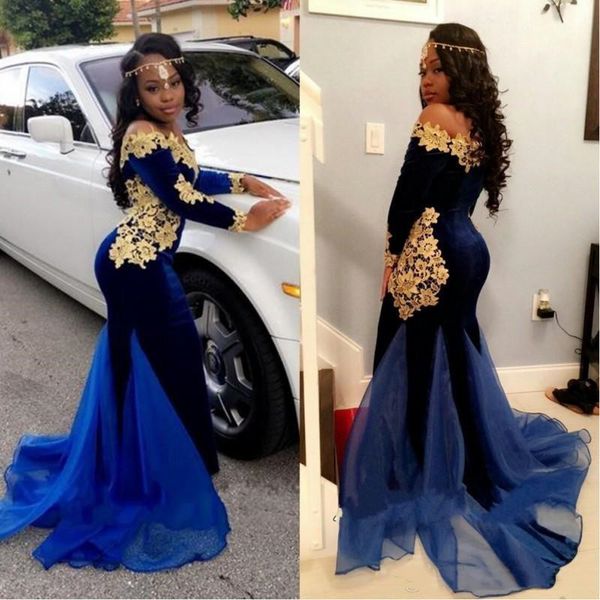 

2020 new nigerian long sleeves prom dresses elegant boat neckline floor length mermaid royal blue velvet evening gowns, Black;red