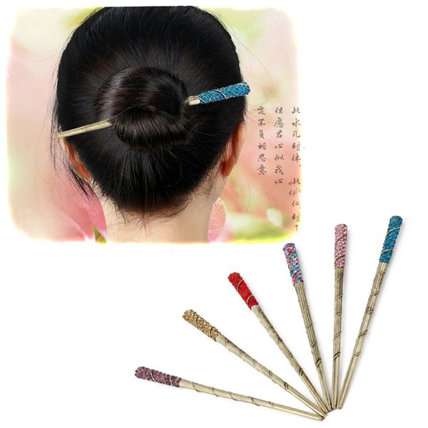 

f&u vintage hair stick colorful rhinestone decoration chopstick shape antique bronze plated hairpins fashion for women