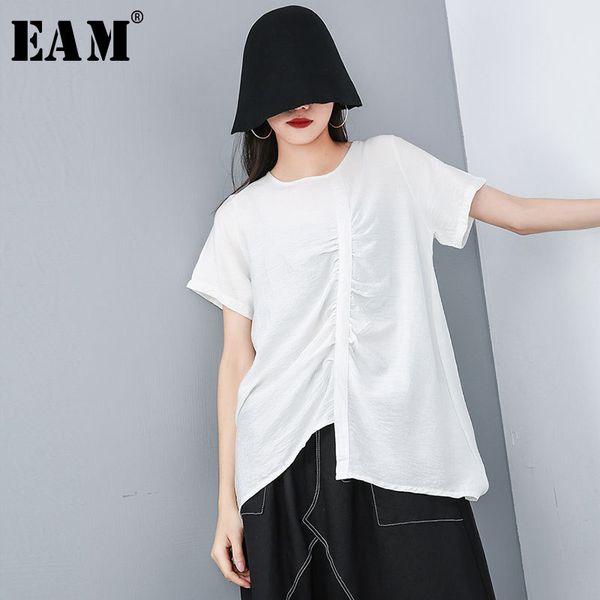 

eam] 2019 new spring summer round neck short sleeve black loose irregular hem fold temperament t-shirt women fashion tide jt599, White