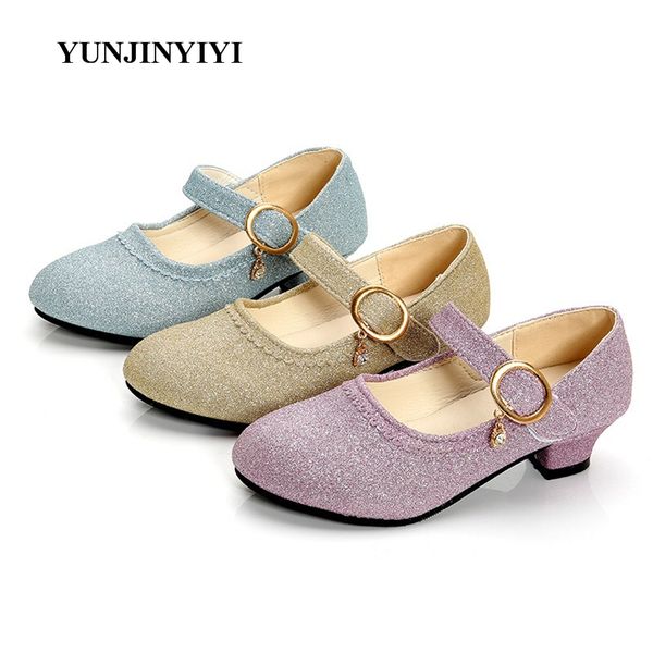 

2019 new girls pu shoes small high heel crystal dance shoes party princess girls perform performance sandals, Black;grey