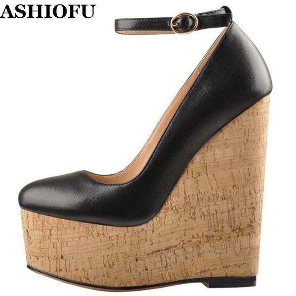 

ashiofu handmade ladies wedges heels pumps grain-wood thick-sold party dress shoes buckle strap evening club fashion court shoes, Black