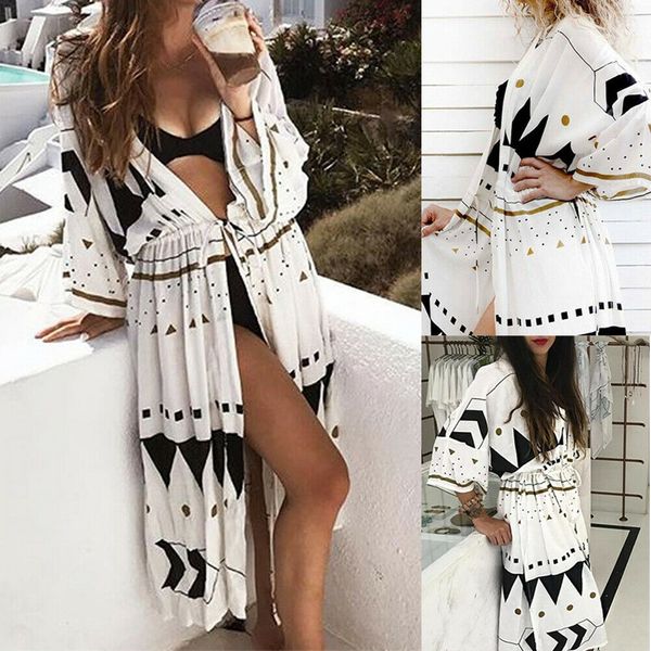 

women summer casual long sleeve v-neck cover up dresses ladies beahwear bikini swimwear beach loose dress, Black;gray