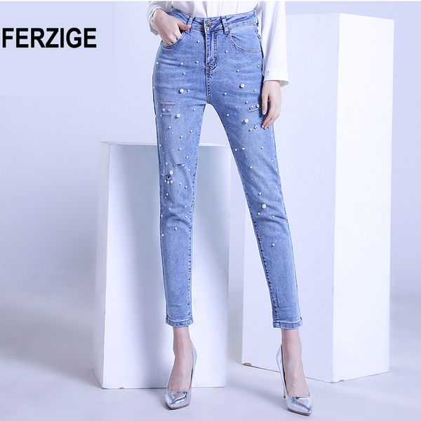 

ferzige ripped jeans for women slim fit light high waist blue thin hand beads elastic distressed cropped pants denim trousers