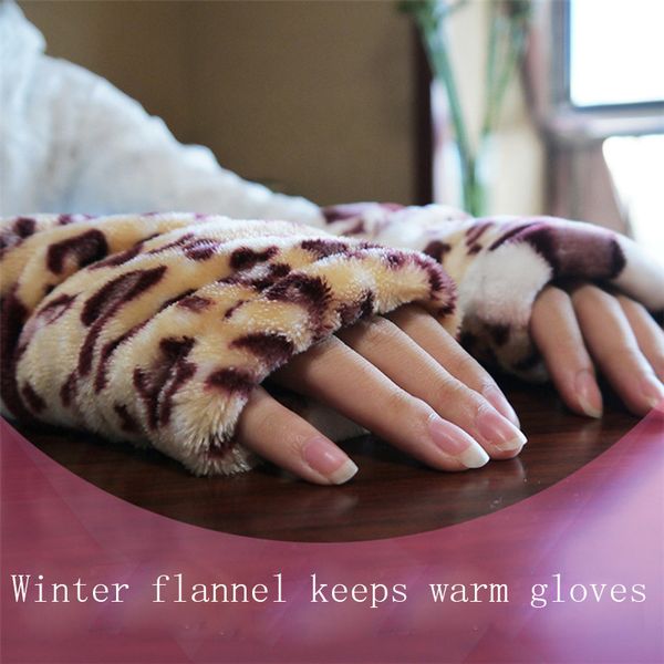 

korean version winter flannel knitted thickening warm half finger gloves student lovers leopard pattern fingerless mittens l31, Blue;gray