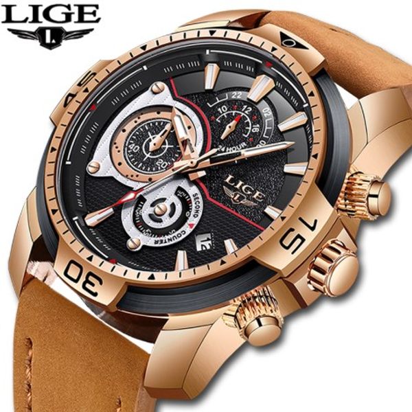 

lige watches men's sports waterproof date business mens watches chronograph male analog quartz clock for men relogio masculino, Slivery;brown